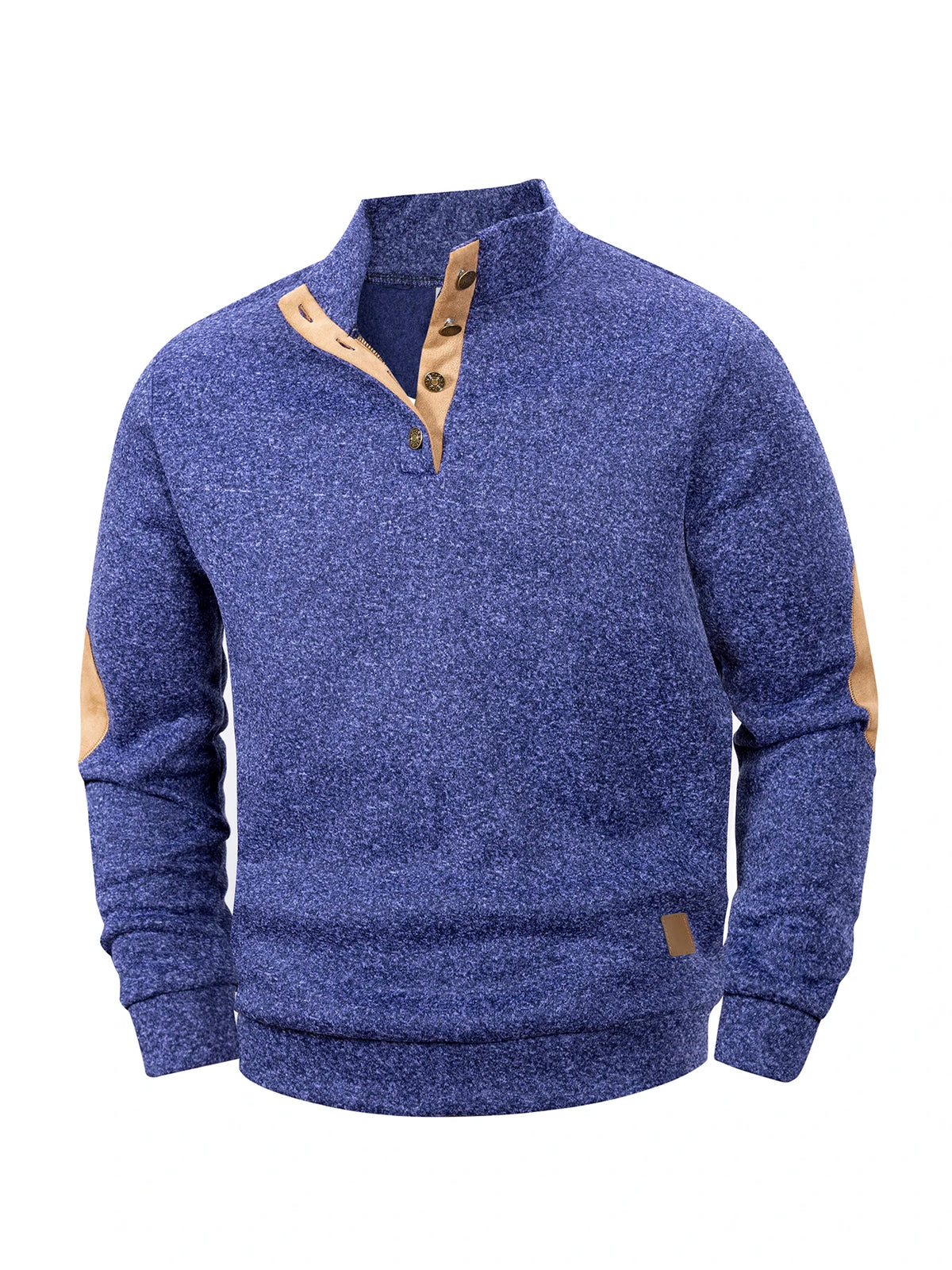 Men Henley Collar Pullover Sweatshirt Stand Collar Top Button Placket Elbow Patches Long Sleeve Casual Sweater Daily Wear Top