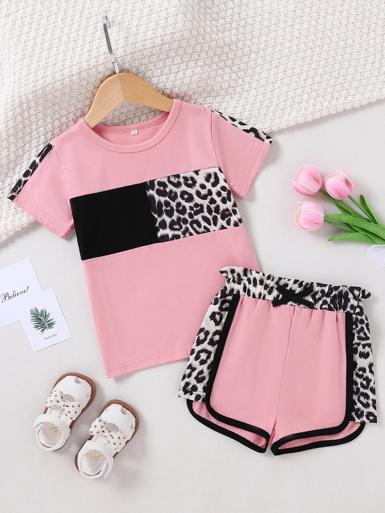 NONECN Leopard Camo Print Toddler Girls Short Sleeve Set