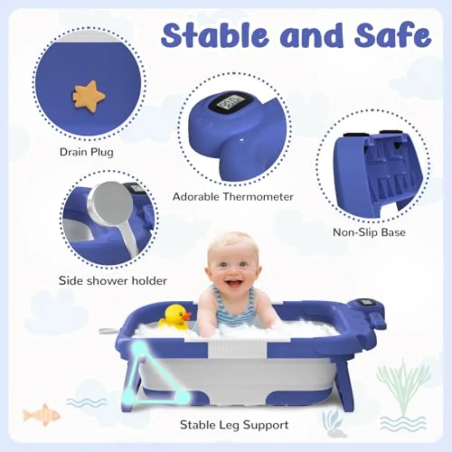 Foldable Baby Bathtub With Cushion Kneeling Pad Thermometer Portable Newborn