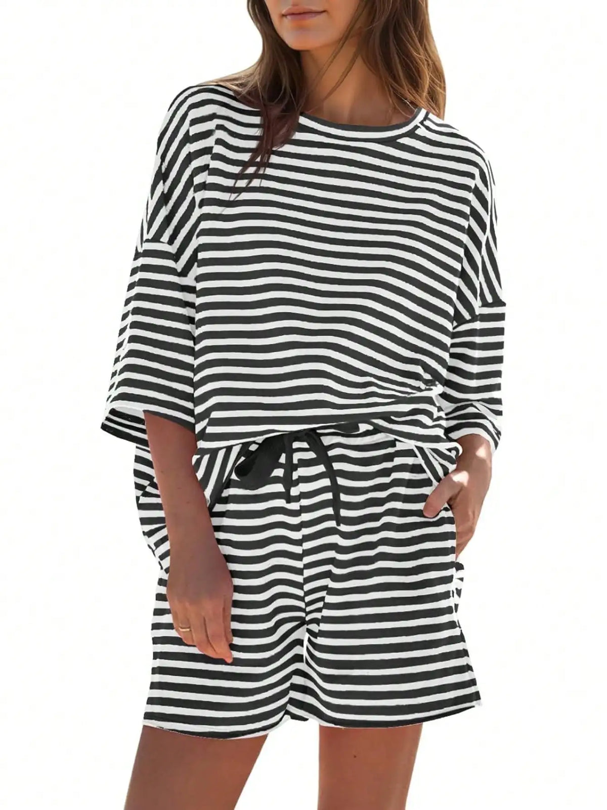 Fisoew Womens Striped Athleisure 2 Piece Outfits Sweatsuit Lounge Set