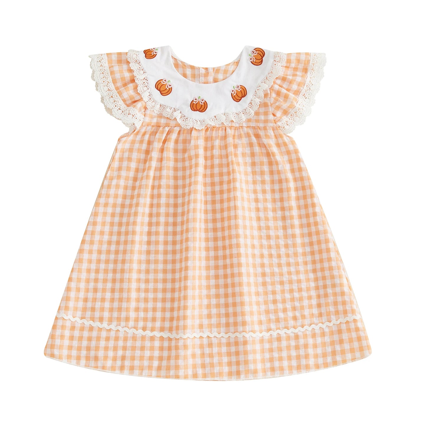 Girls Halloween Embroidered Pumpkin Plaid Dress With Flutter Sleeves