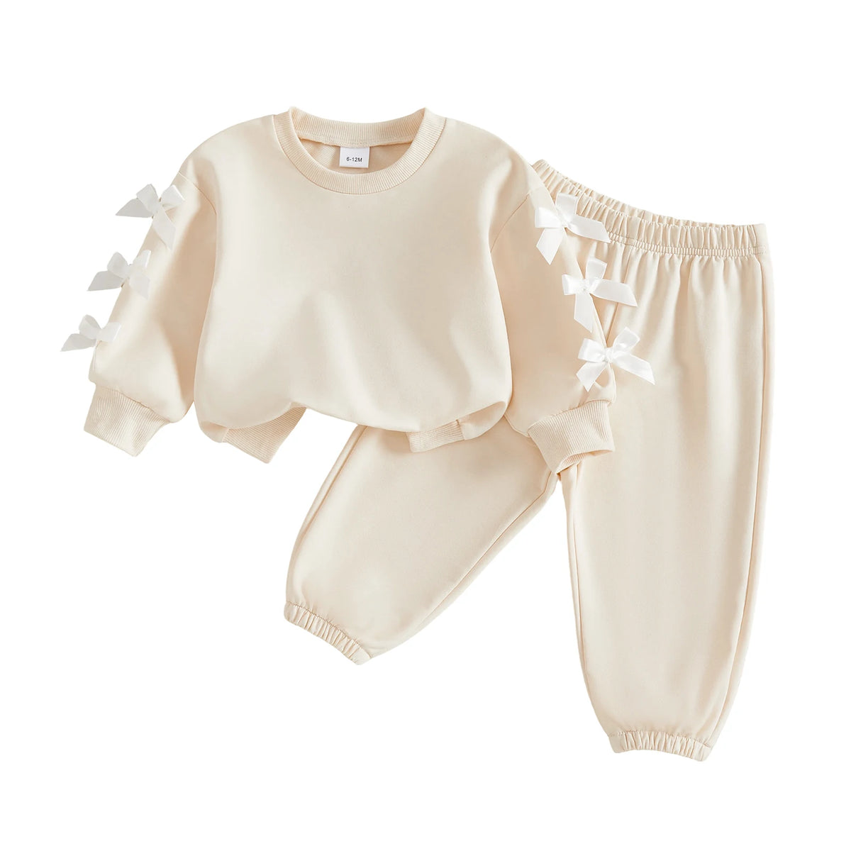 Girls Bow Accent Fall Outfit Set With Crew Neck Pullover