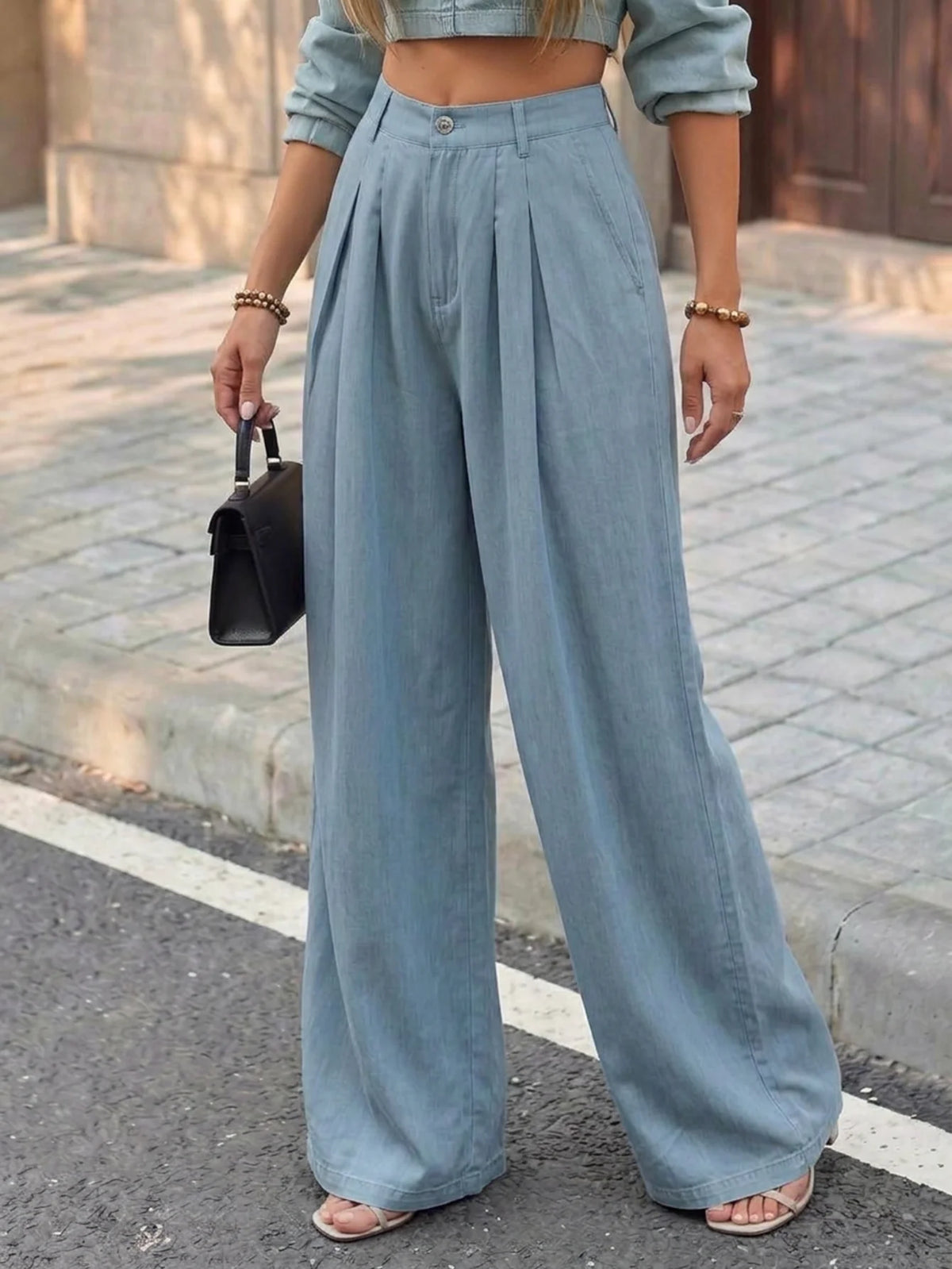 Women's High Waist Pleated Wide Leg Pants Button Zipper Closure Loose Full Length Casual Ladies Trousers