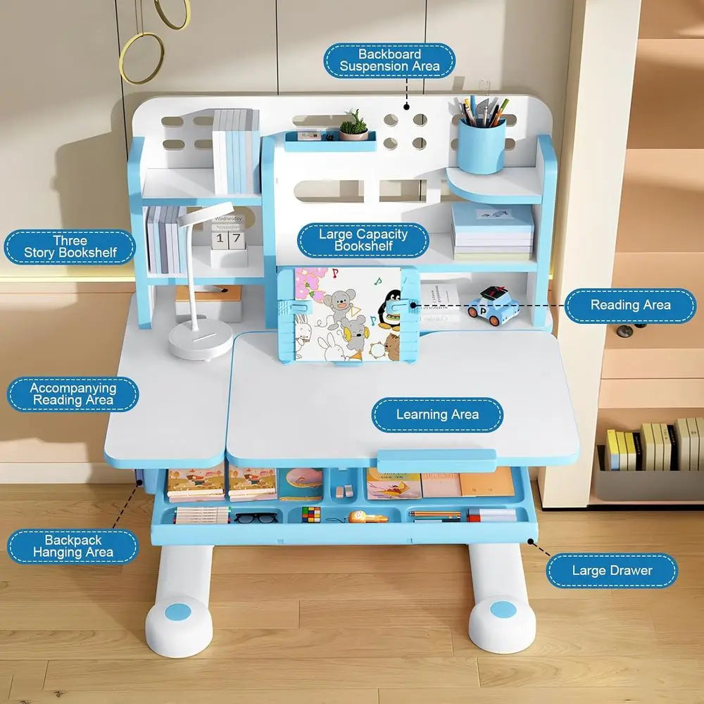 Kids Adjustable Desk And Chair Set With Bookshelf And Storage
