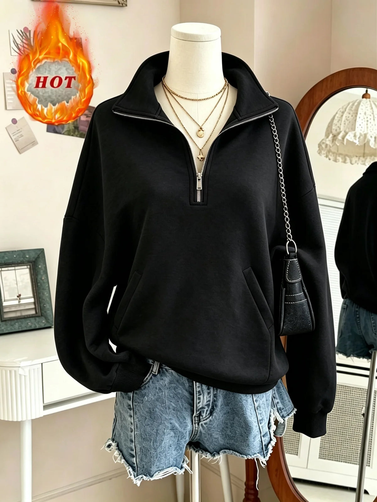 Women's Half Zip Fleece Sweatshirt Oversized Drop Shoulder Pullover with Pockets