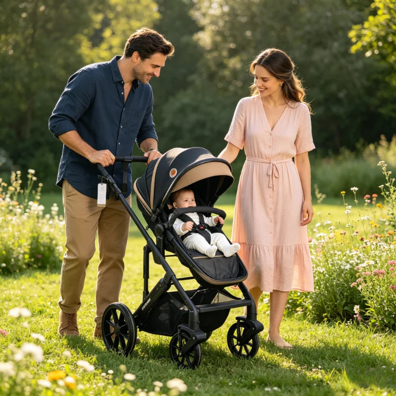 Multi Functional Baby Stroller Lightweight Foldable, Sit and Lie, Reversible Baby Seats with Shock-Absorbent, Essential for Newborn Outings