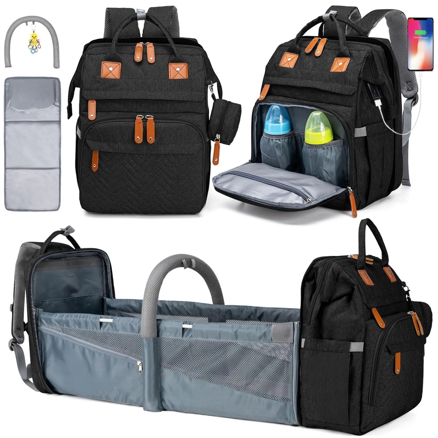 Changing Bag Backpack Baby Changing Backpacks with Large Capacity Portable Travel Nappy Bag with Foldable Cot with Multifunctional Baby Bags and Mobile Changing Mat Baby Bed Backpack