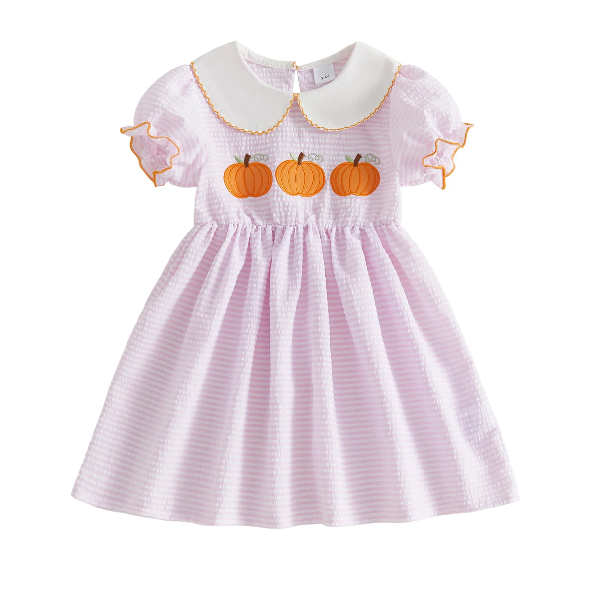 Dress-Pumpkin-Embroidery Girls Halloween Kid-Girls Kid Girls Halloween Embroidery Stripe Collar Stripe Dress-Pumpkin-Embroidery