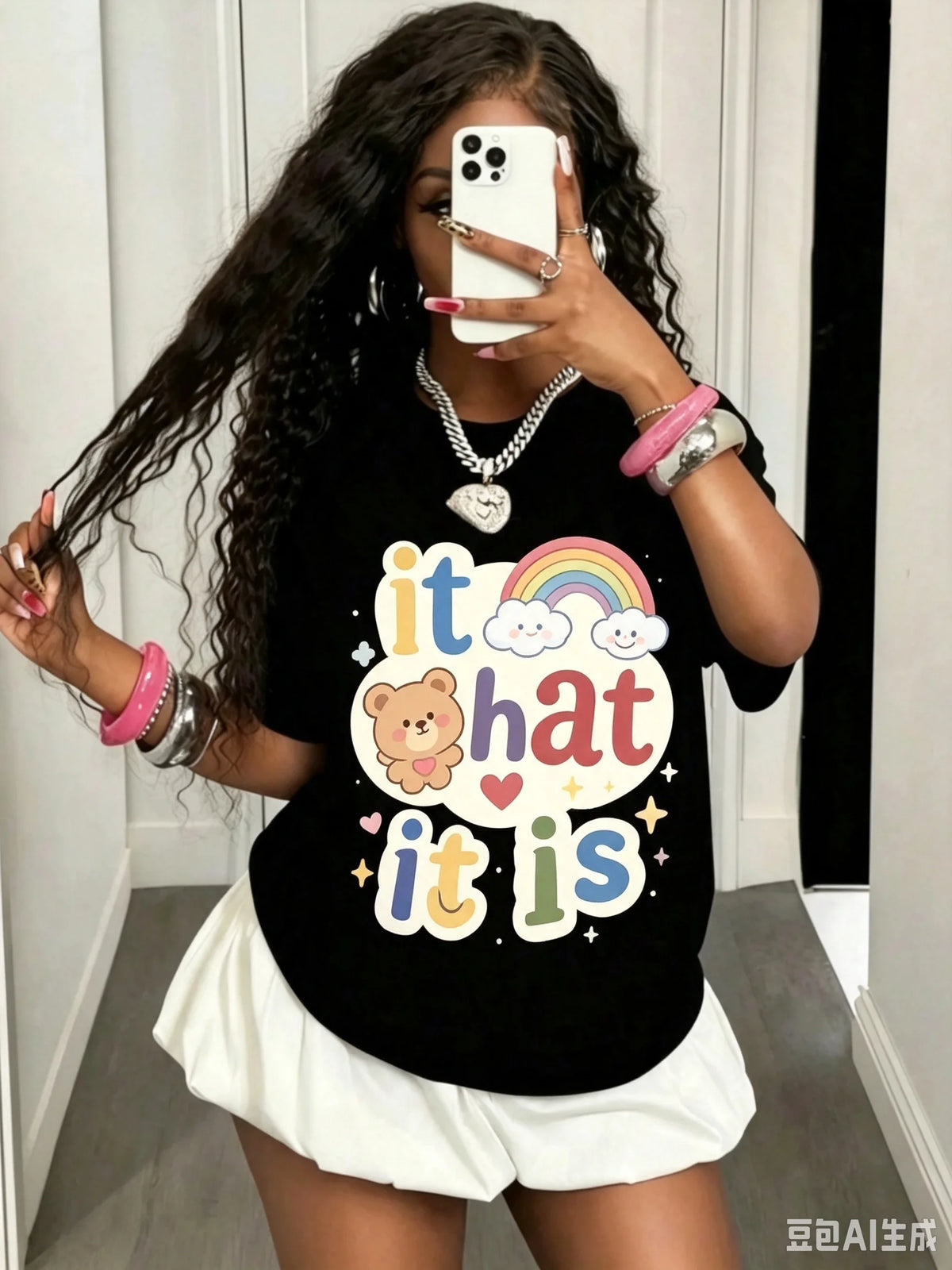 Girls & Teenagers Students Casual Printed Black Crew Neck Short Sleeve T-Shirt Top, Summer