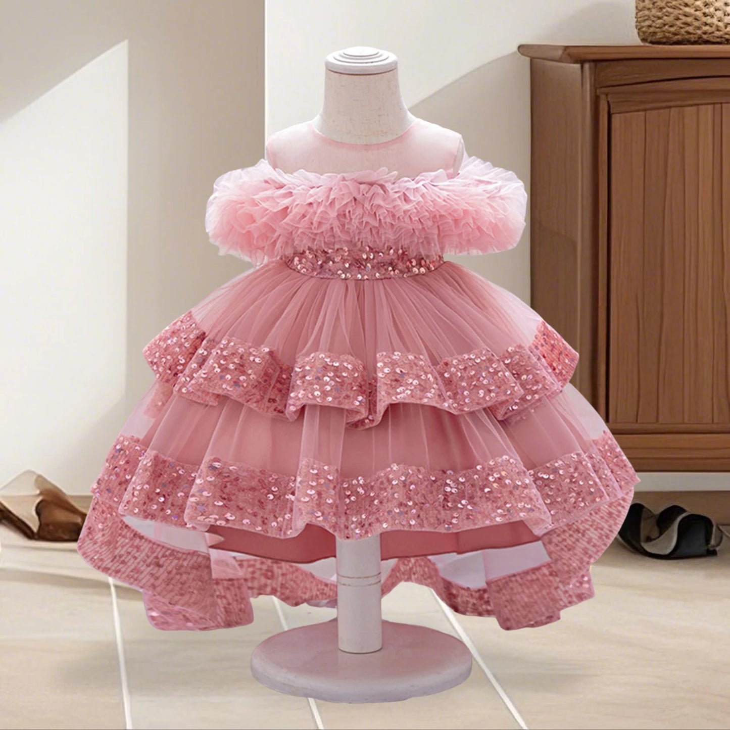 Girls Sequin Princess Dress with Tulle Skirt and High Hem