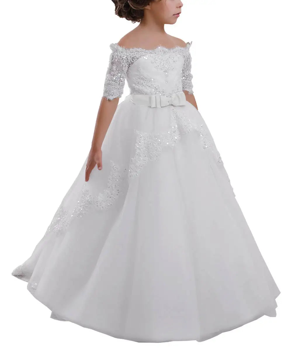 Abaowedding Off Shoulder Flower Girl Lace Sequin Ball Gown