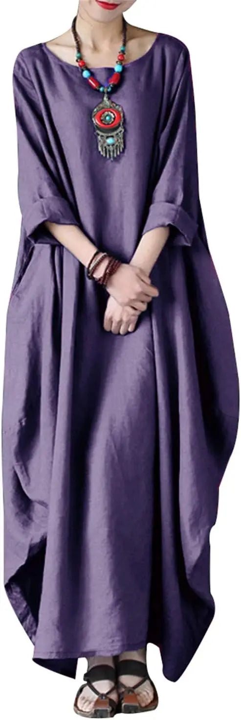 Autumn Solid Cotton Caftan Dress Loose Fit Women Casual