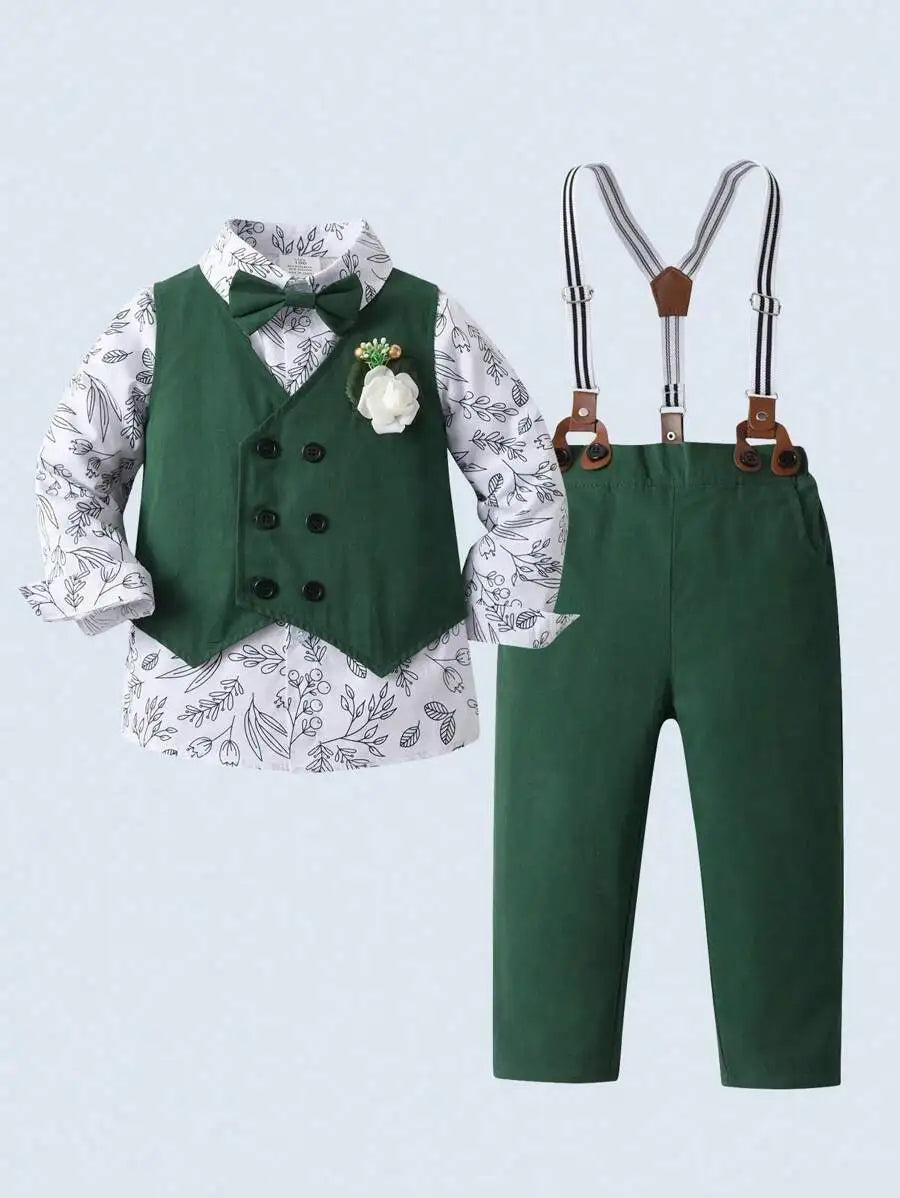 Toddler Boys Formal Suit Set Shirt Vest Pants Bow Tie