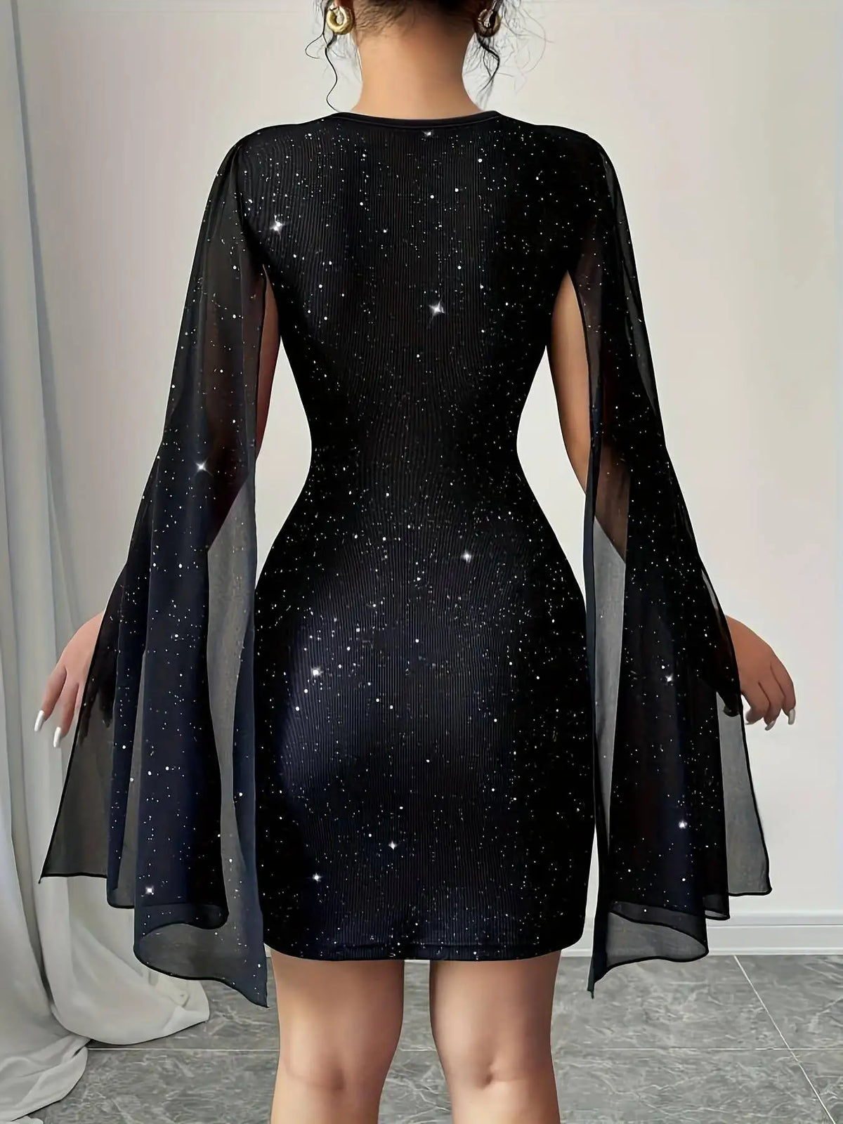 Women Black Glitter Bodycon Mini Dress Lace Crew Neck Sheer Cape Sleeve Slim Party Club Evening Cocktail Short Dress