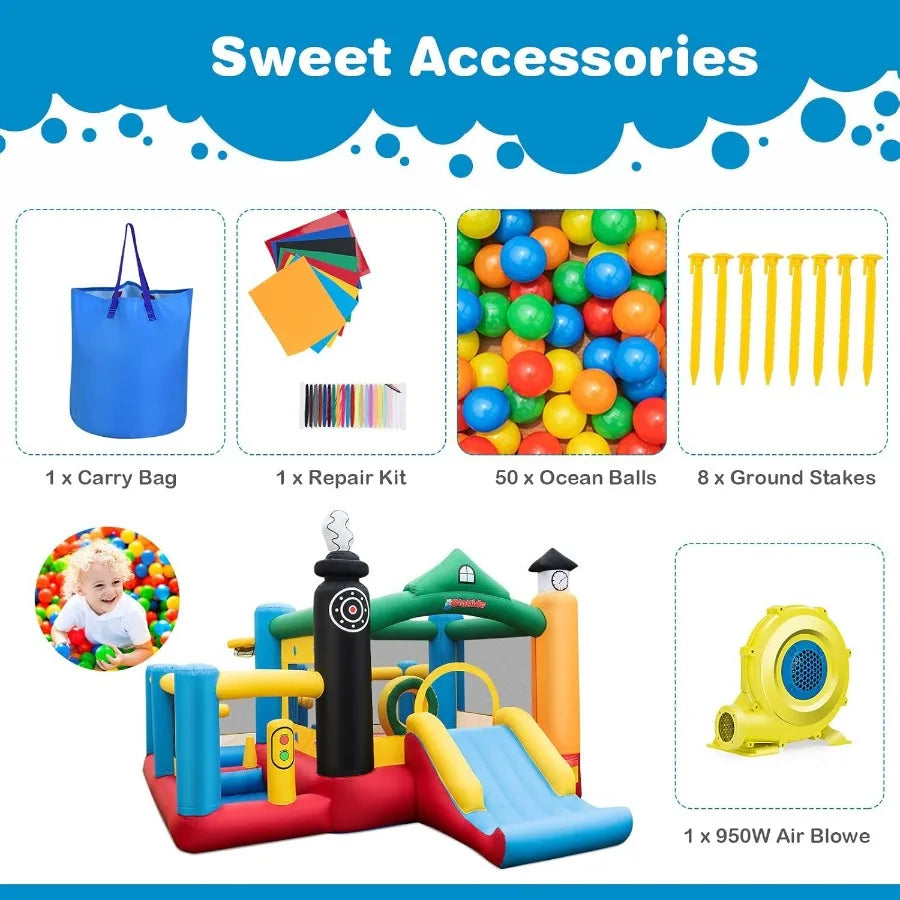LISM Inflatable Train Theme Bounce House With Slide Ball Pit Basketball Rim