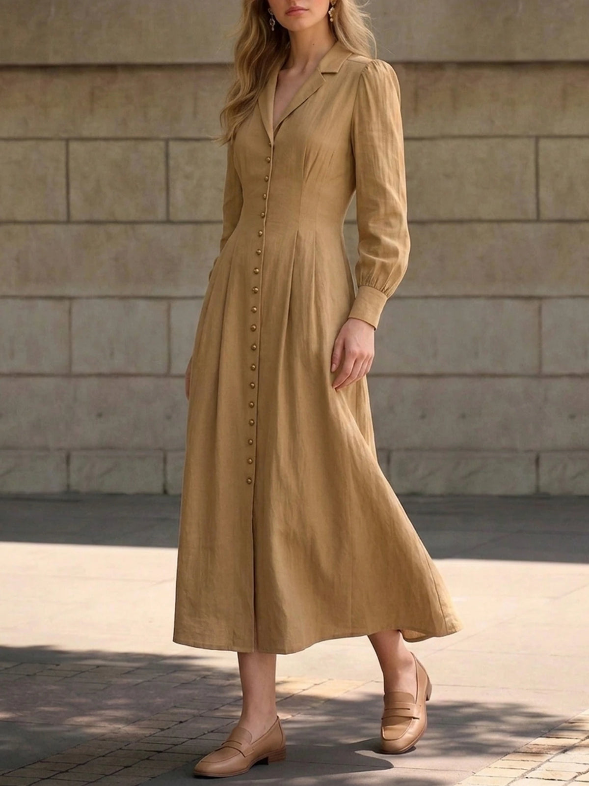 Women Midi Shirt Dress Lapel Long Sleeve Waist‑Fitted Dress With Side Pockets Front Button Down Casual Office Daily Outdoor Elegant Mid‑Calf Length Outfit For Ladies