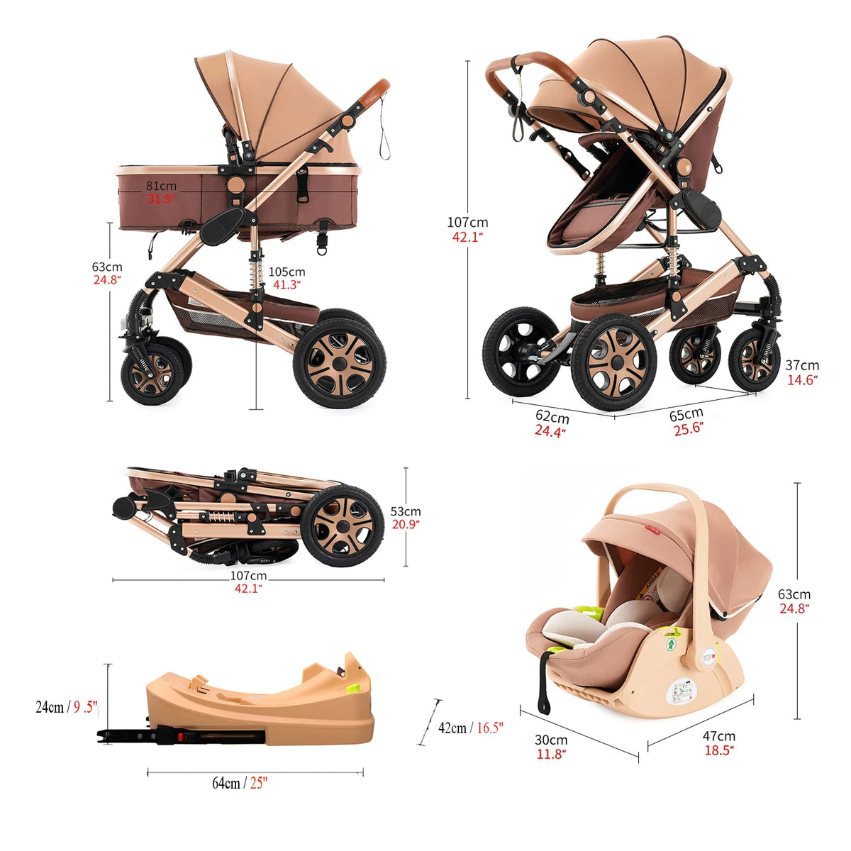 Baby Stroller Combo Car Seat Travel System for Newborn,Reversible Stroller with Isofix Base,3-IN-1 Baby Carriage Upto 55lbs Suit Infant to Toddler