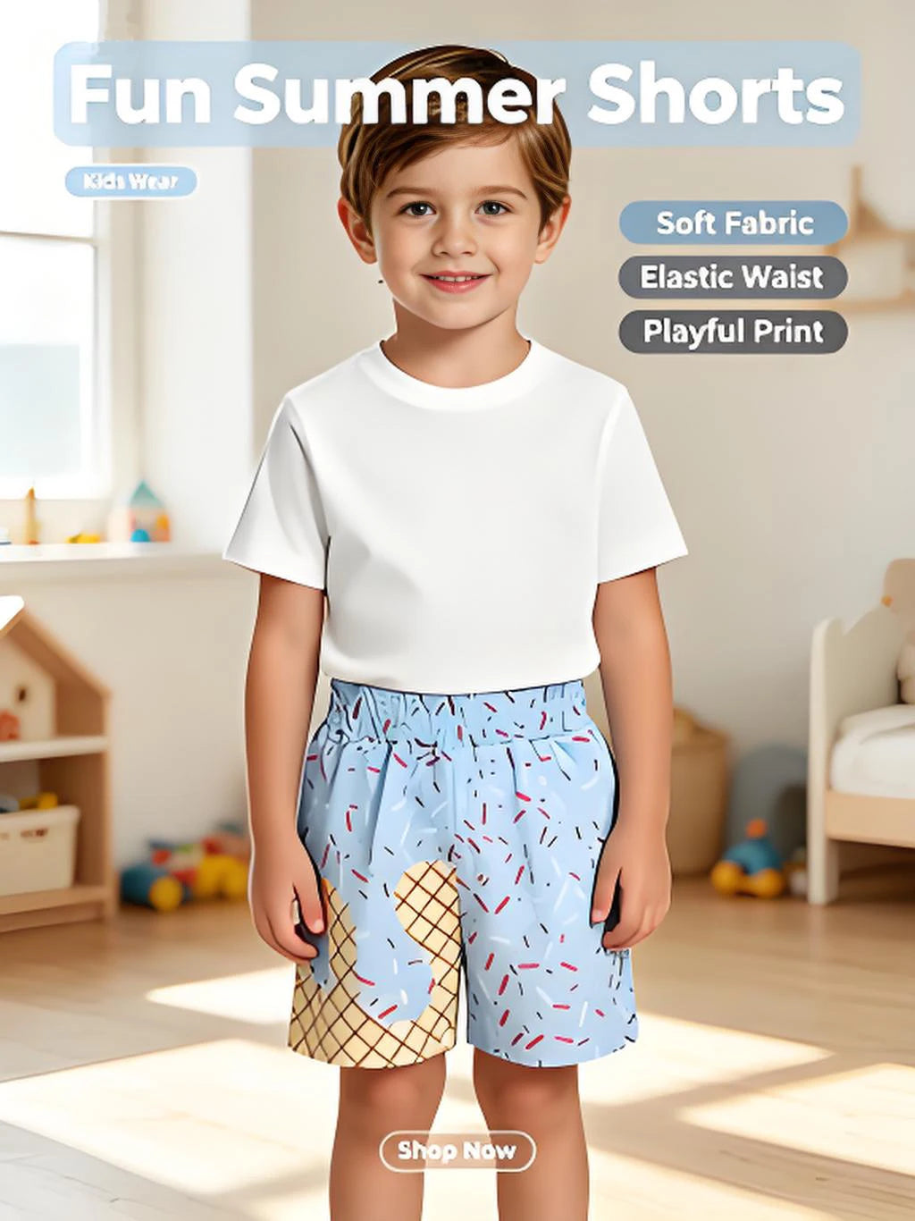 Kids Boys Summer Ice Cream Sprinkle Light Blue Shorts Children's Clothing Summer Seasonal Boys' Fashion Kids' Outfits