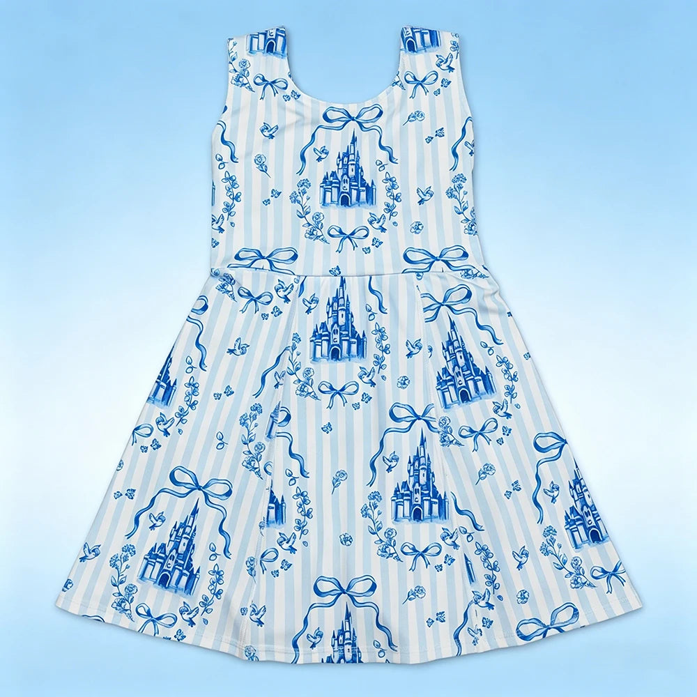 Kids Designer Dresses Girls Knee Length Blue Bow Castles Print