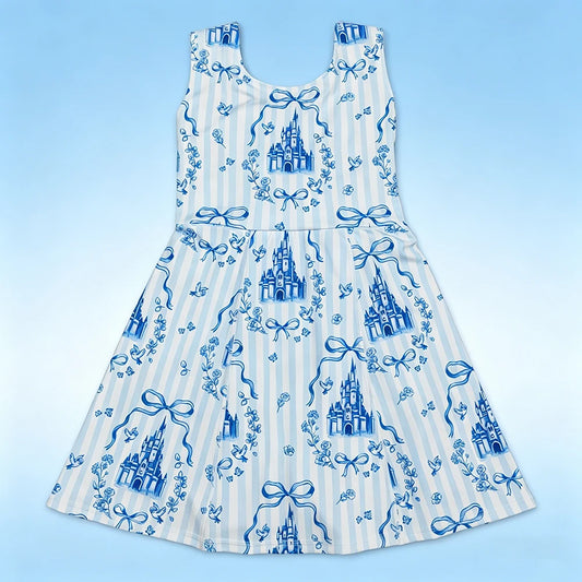Kids Designer Dresses Girls Knee Length Blue Bow Castles Print