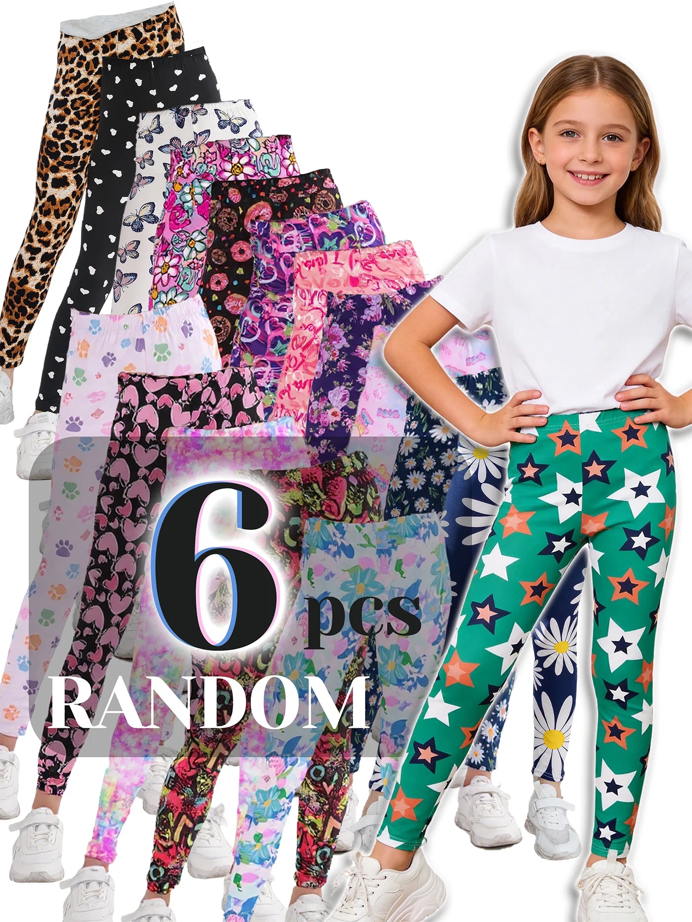 Girls 6-Piece Floral Print Stretchy Leggings Set For School