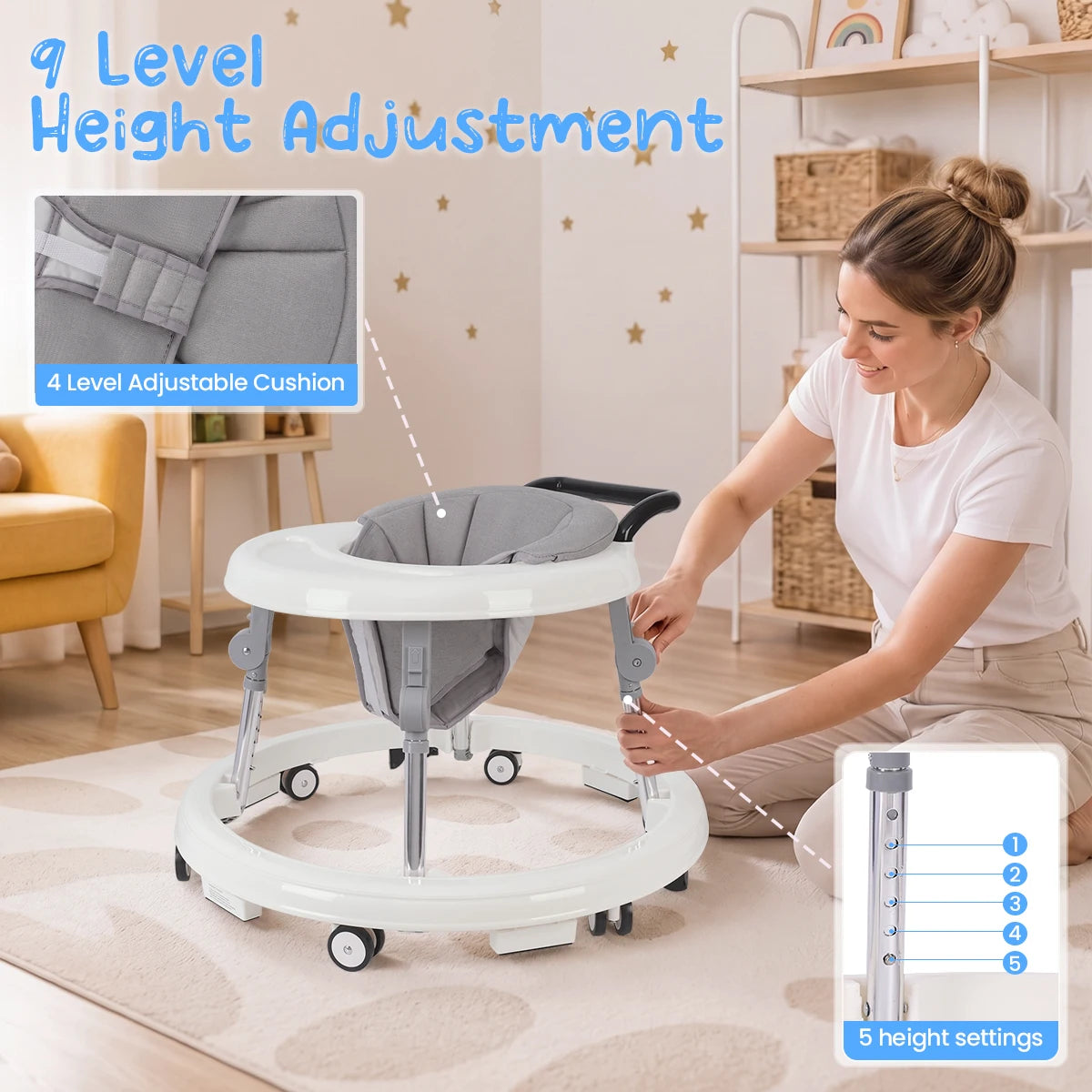 Kmaier Baby Walker, Walker for Babies, Anti‑Rollover Foldable 2‑in‑1 Infant Activity Walker with Rear Push Handle, Multi‑Height Adjustable Metal Support Legs, Removable Washable Seat & Anti‑Slip Wide Safety Base for