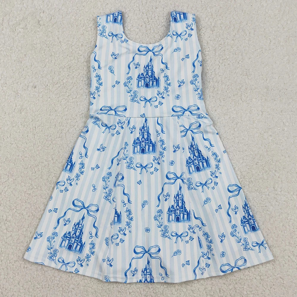 Kids Designer Dresses Girls Knee Length Blue Bow Castles Print