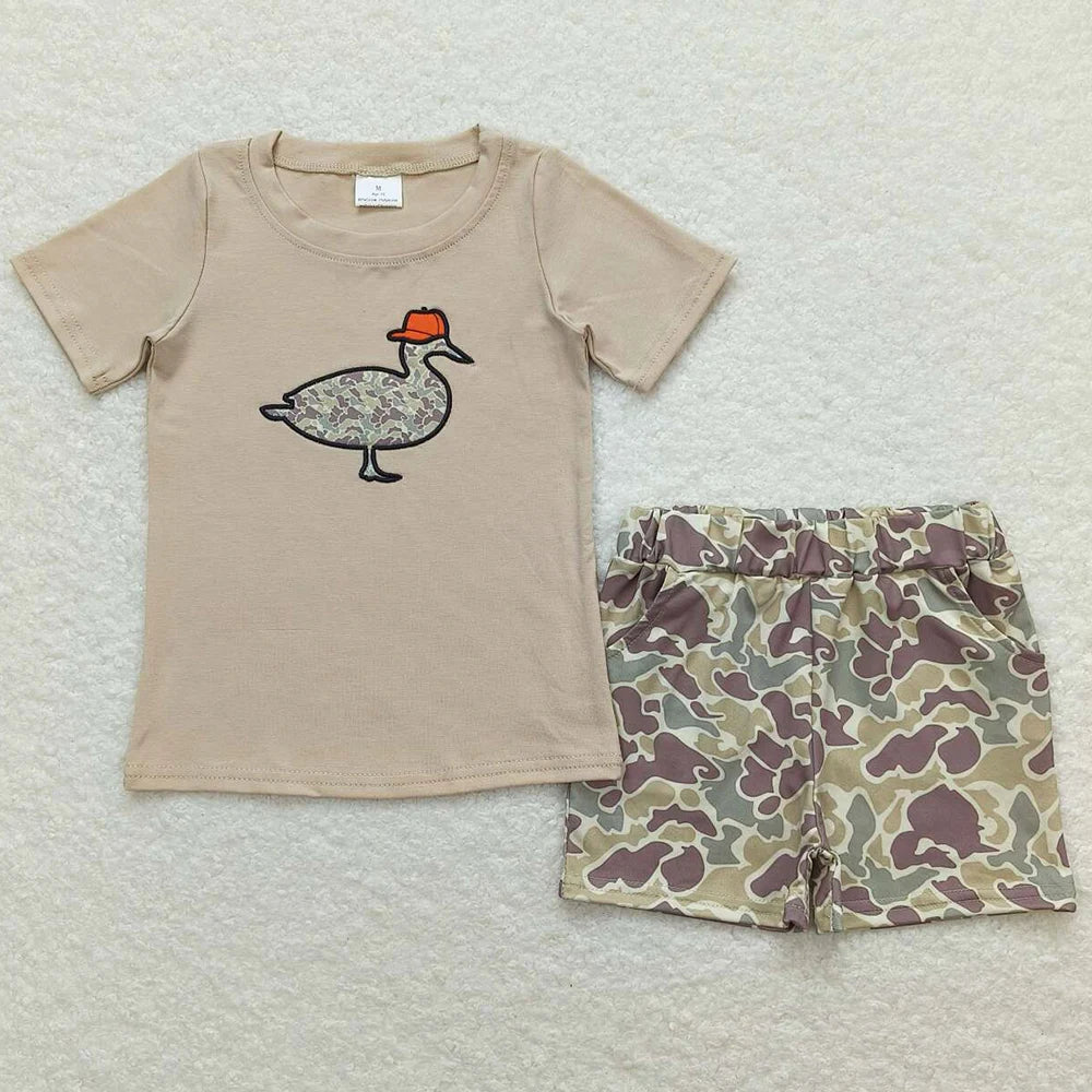 Baby Boys Cotton Embroidery Duck Set With Short Sleeve Shorts