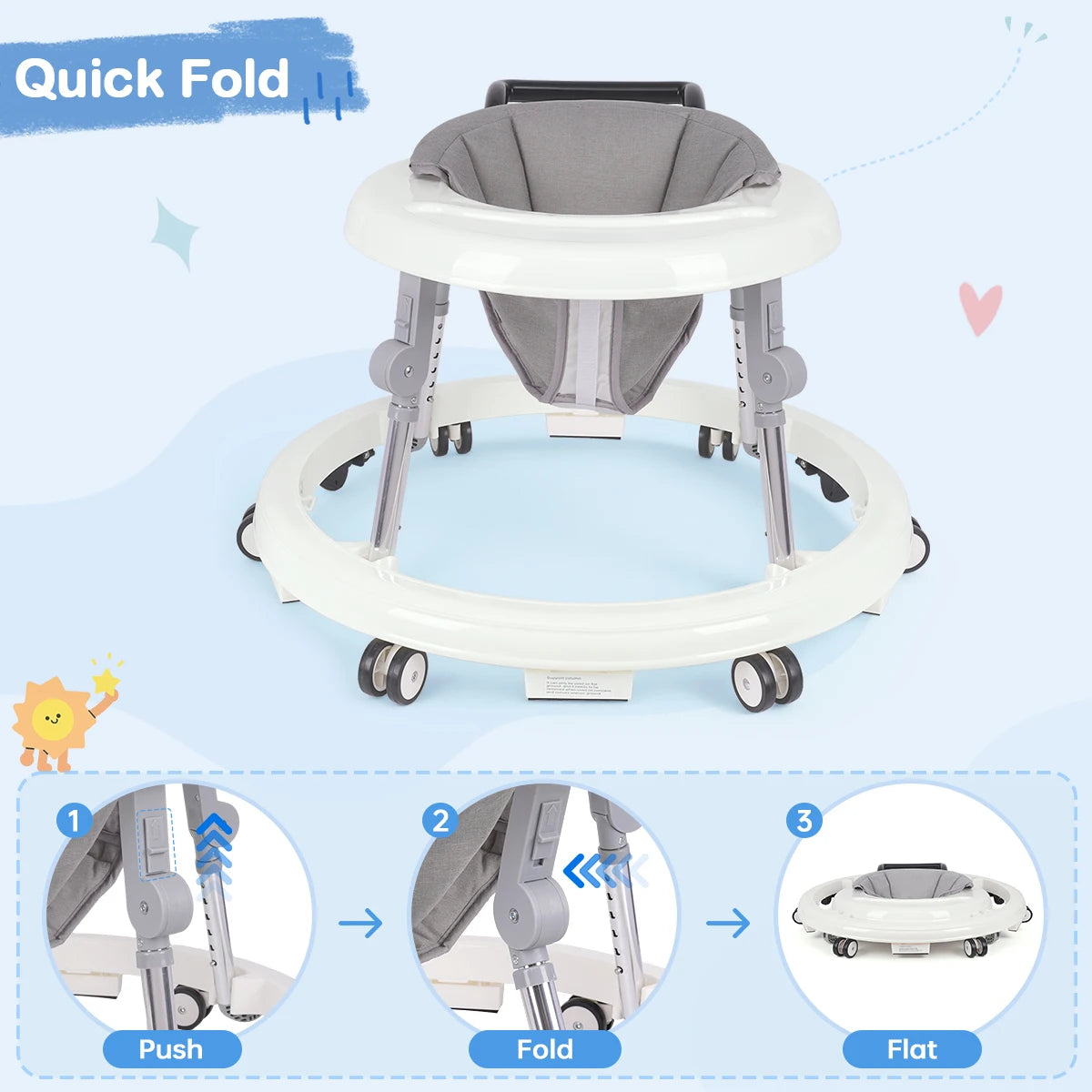 Kmaier Baby Walker, Walker for Babies, Anti‑Rollover Foldable 2‑in‑1 Infant Activity Walker with Rear Push Handle, Multi‑Height Adjustable Metal Support Legs, Removable Washable Seat & Anti‑Slip Wide Safety Base for