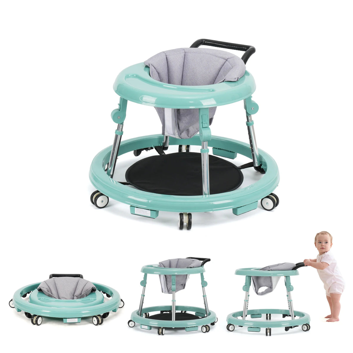 Kmaier Baby Walker, Walker for Babies, Anti‑Rollover Foldable 2‑in‑1 Infant Activity Walker with Rear Push Handle, Multi‑Height Adjustable Metal Support Legs, Removable Washable Seat & Anti‑Slip Wide Safety Base for