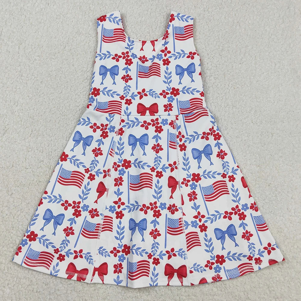 Kids Designer Dresses Girls Knee Length Blue Bow Castles Print