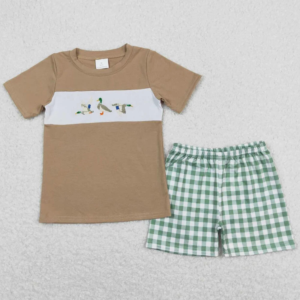 Baby Boys Cotton Embroidery Duck Set With Short Sleeve Shorts