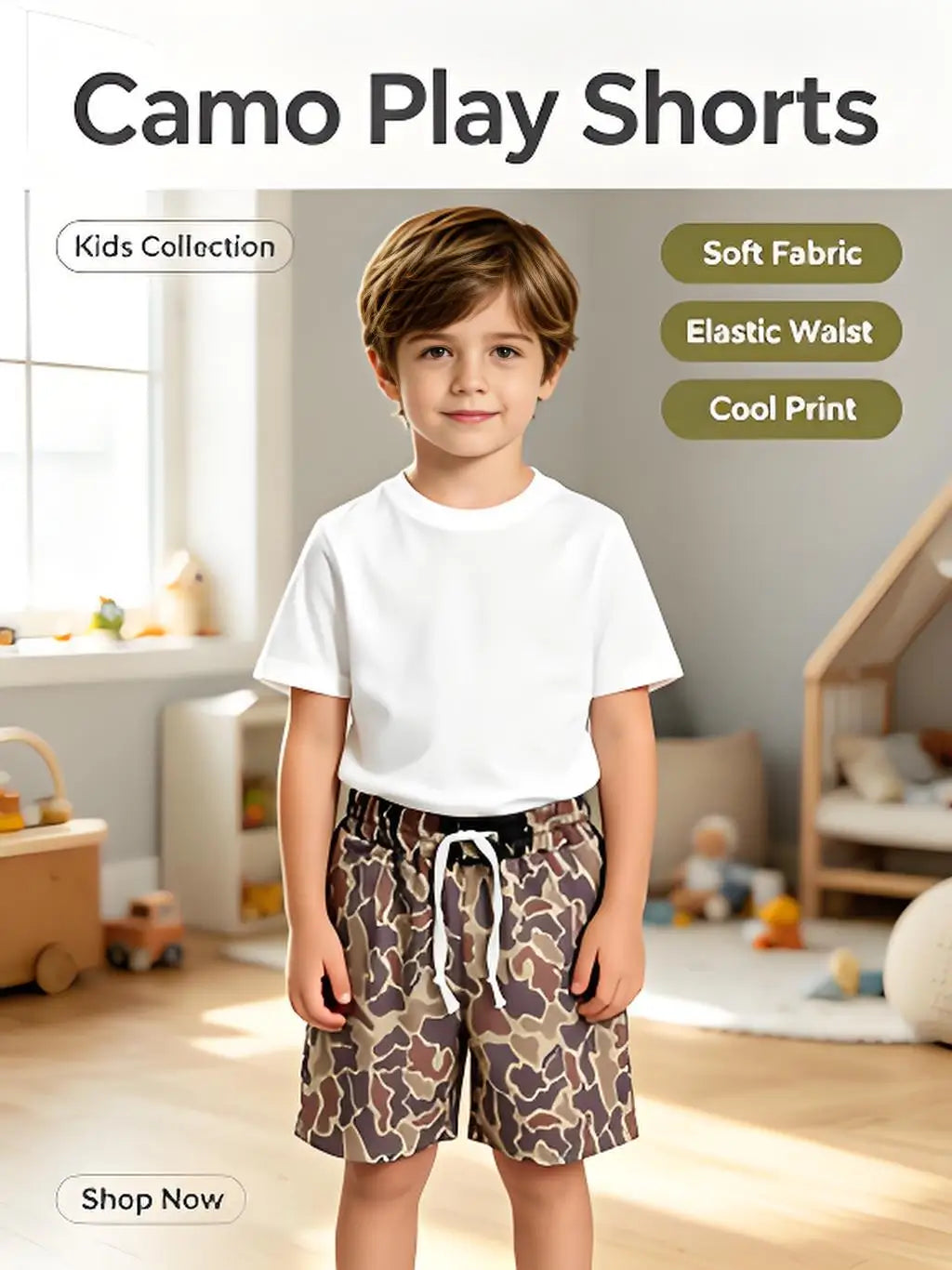 Boys Camo Elastic Shorts With Pockets Casual Summer Loose Fit