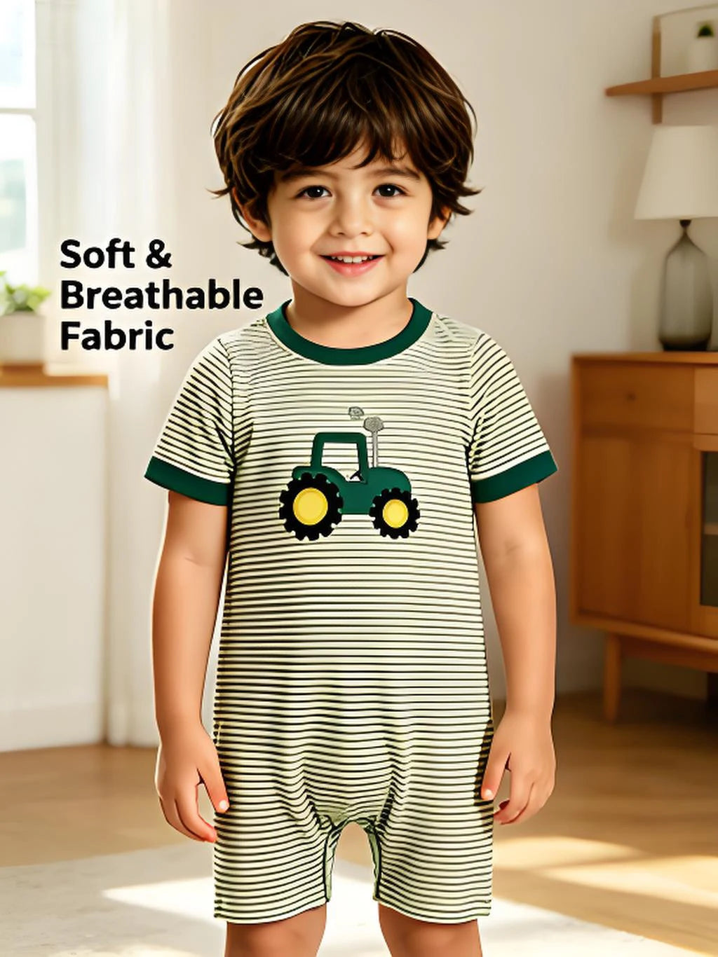 Tractor Theme Baby Boy Romper Short Sleeves Cotton Knit