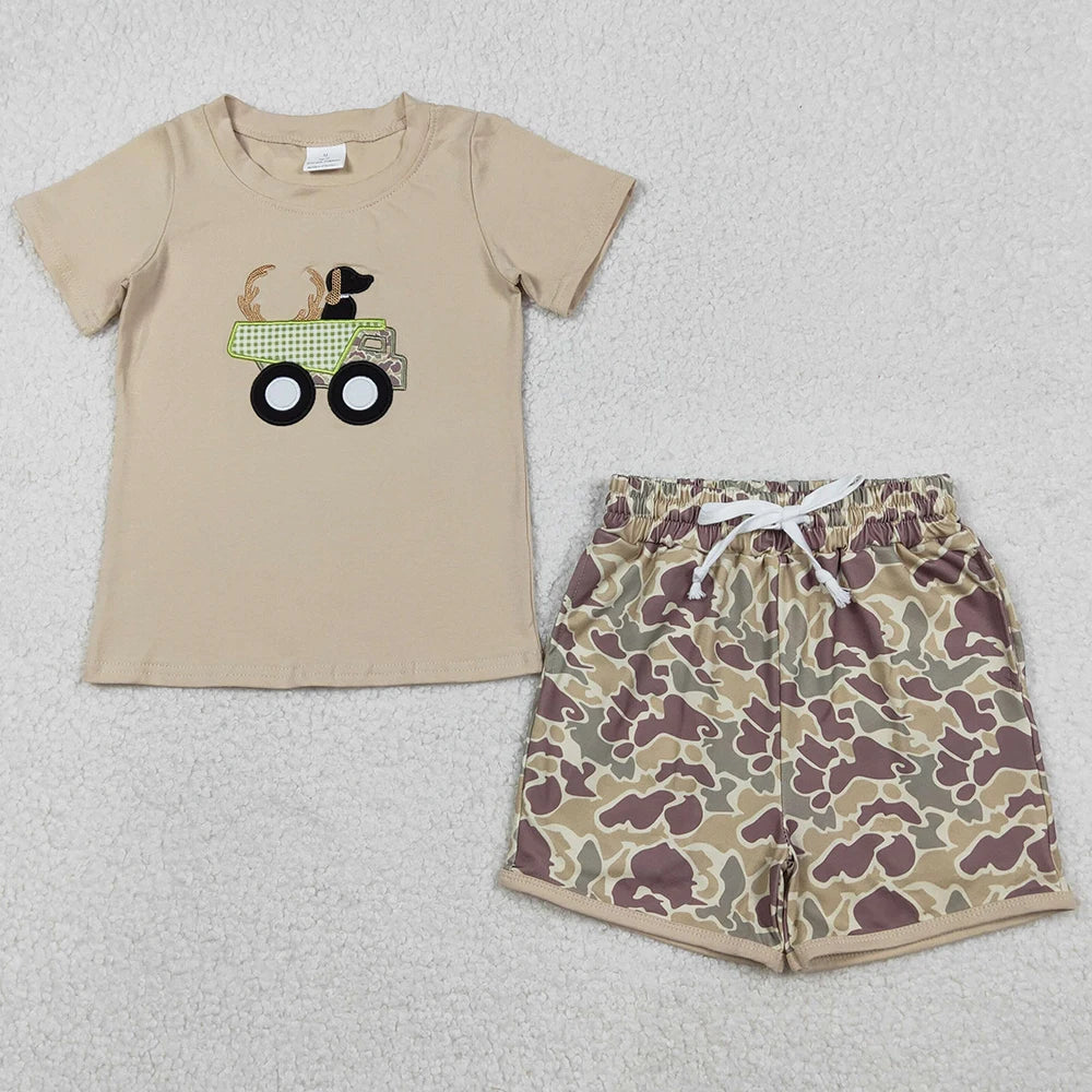 Baby Boys Cotton Embroidery Duck Set With Short Sleeve Shorts