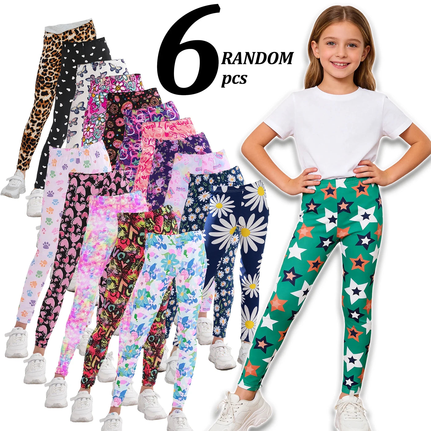 Girls 6-Piece Floral Print Stretchy Leggings Set For School