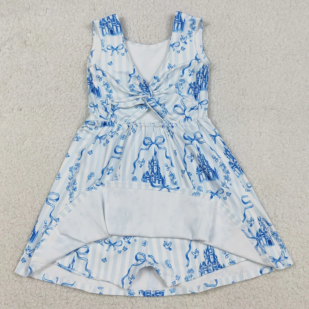 Kids Designer Dresses Girls Knee Length Blue Bow Castles Print