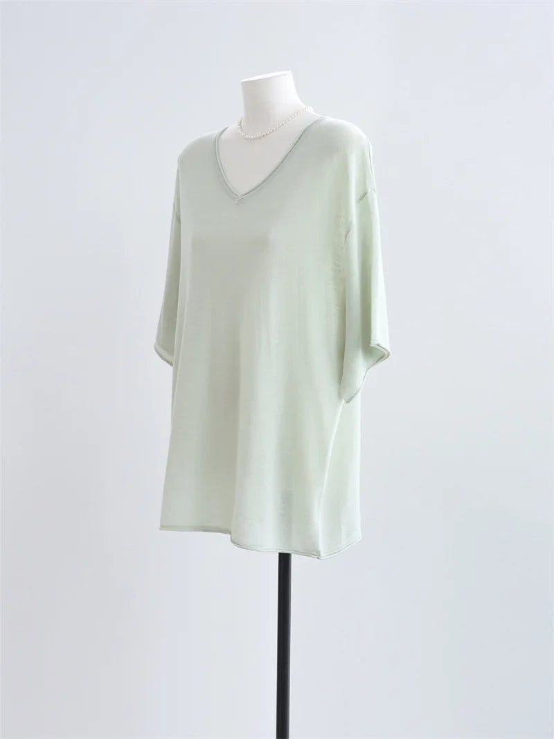 2026 New Style Simple Loose V-Neck Batwing Sleeve Knitted Top, Multi-color Simple and Lazy Breathable Blouse