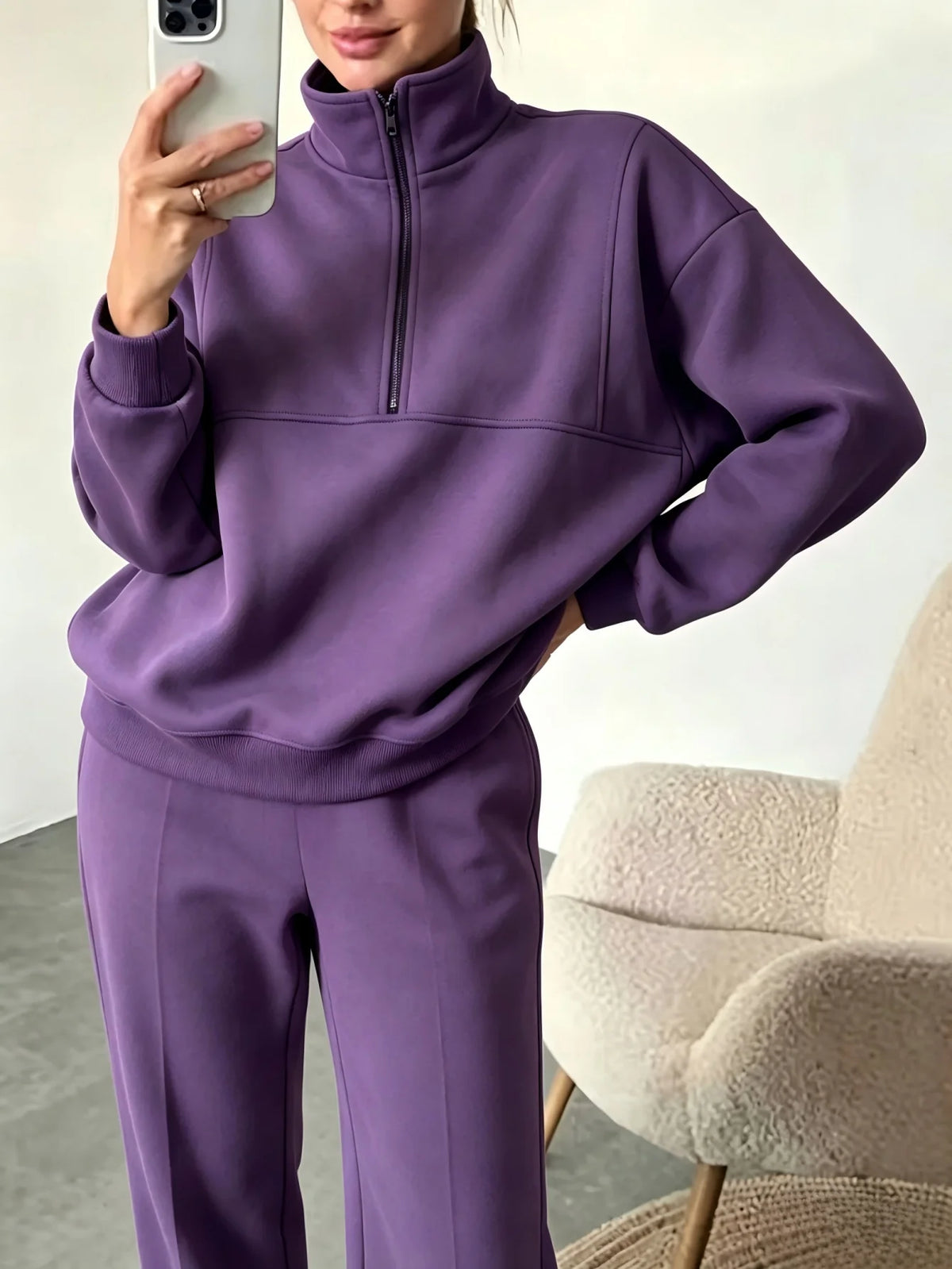 Women Half Zip Sweatshirt Pants Set Casual Stand Collar 2 Piece Outfit Loose Long Sleeve Tracksuit Soft Loungewear Suit Daily Streetwear
