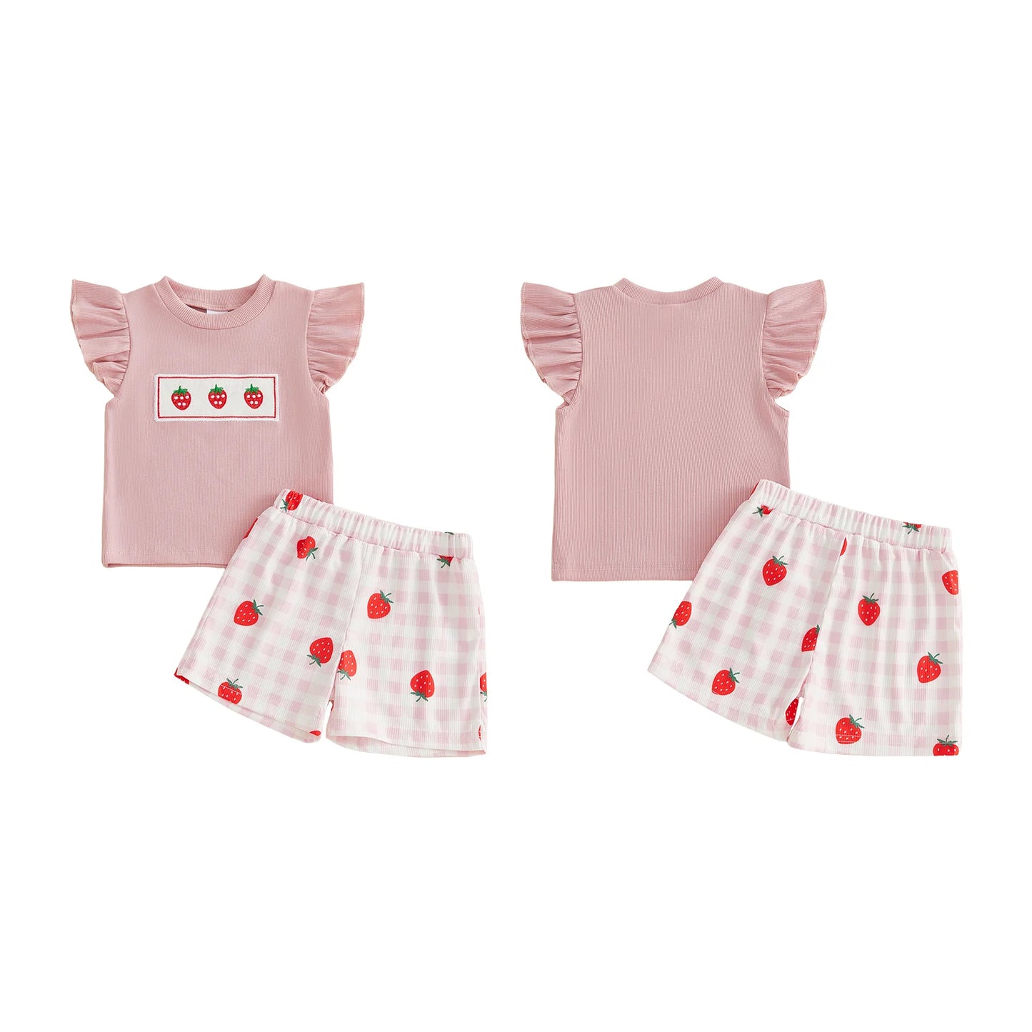 Toddler Baby Kids Girls Shorts Set Children's Fly Sleeve Embroidery Strawberry T-shirt with Plaid Shorts Summer 2-piece Outfit