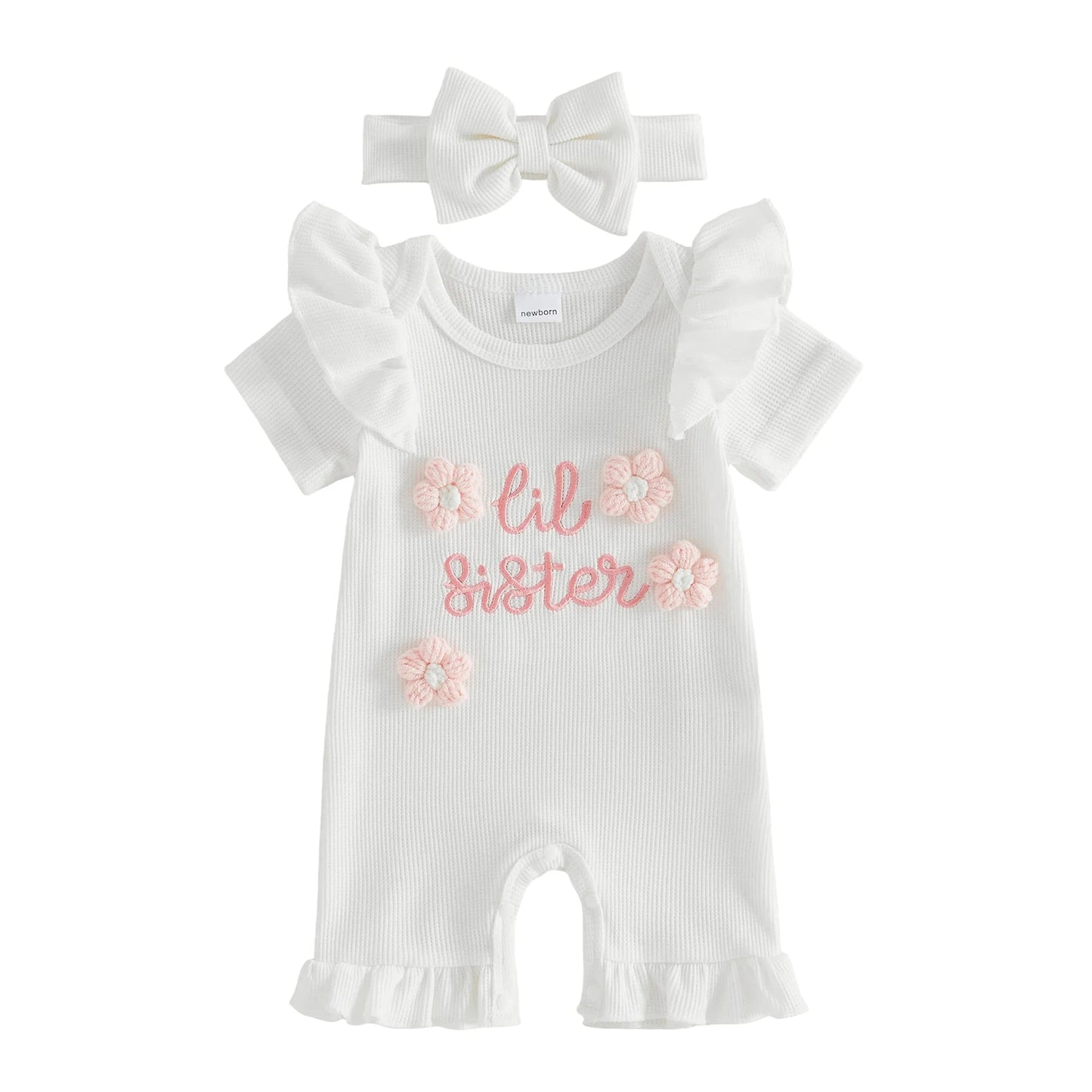Floral Print Sleeveless Baby Girl Romper With Matching Bow Headband