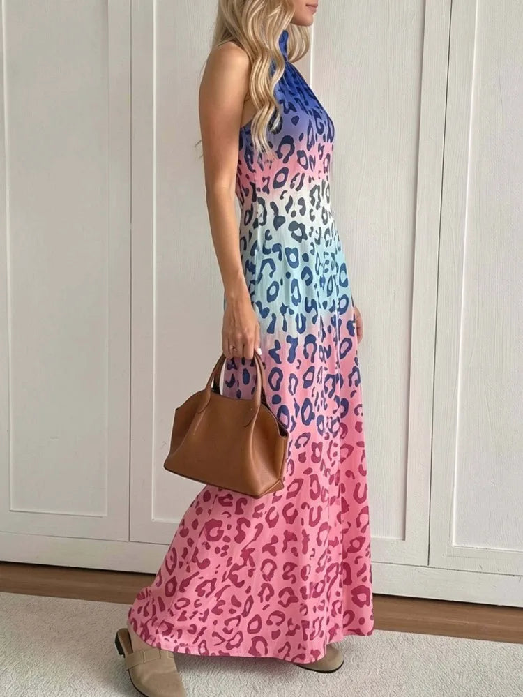 Women Halter Neck Maxi Dresses 2026 New Summer Fashion Gradient Color Leopard Printed Sleeveless Loose Casual Vacation Beach Long Sundress