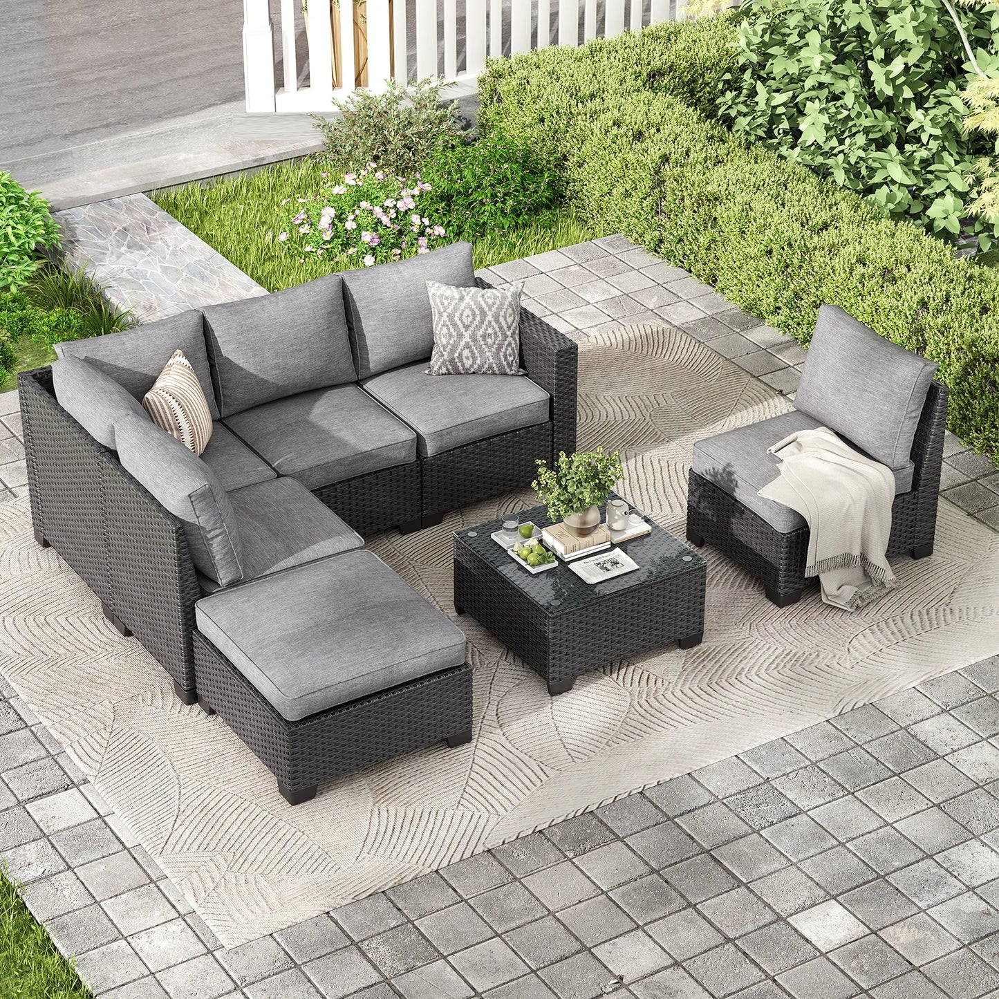 Patio Sectional Sofa Set With Ottoman Stain Resistant Fabric