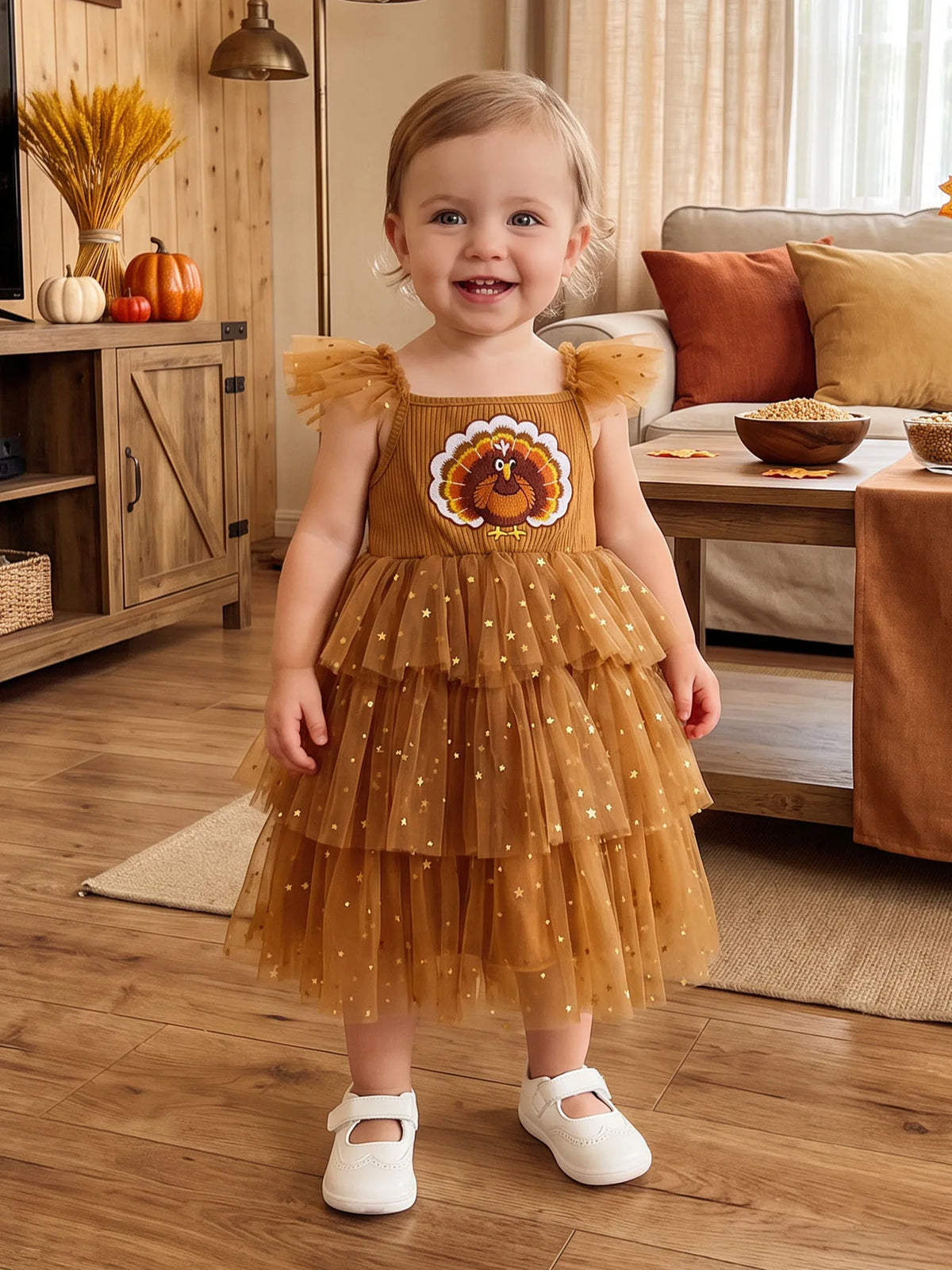 Girls Thanksgiving Turkey Embroidery Star Tulle Midi Dress