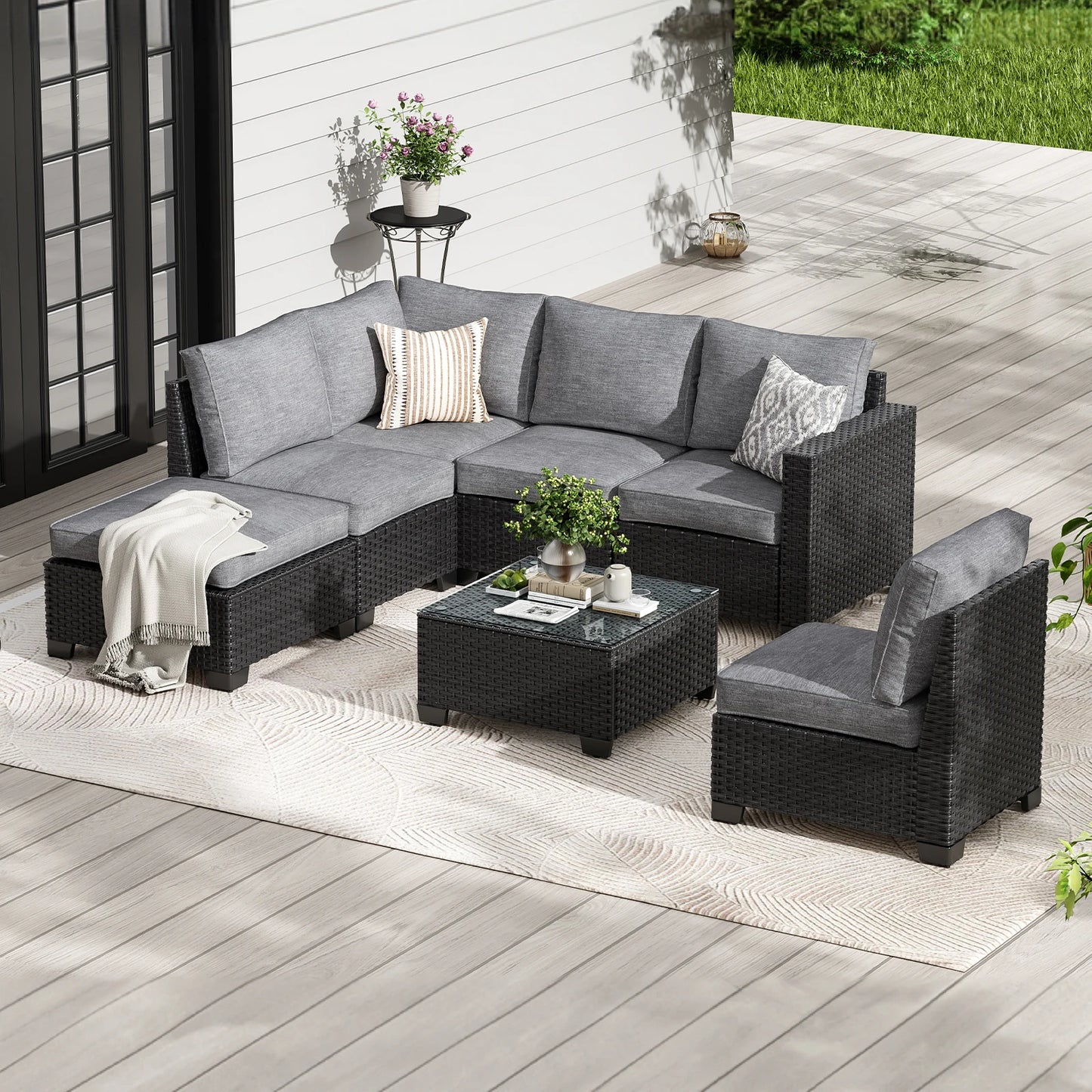Patio Sectional Sofa Set With Ottoman Stain Resistant Fabric