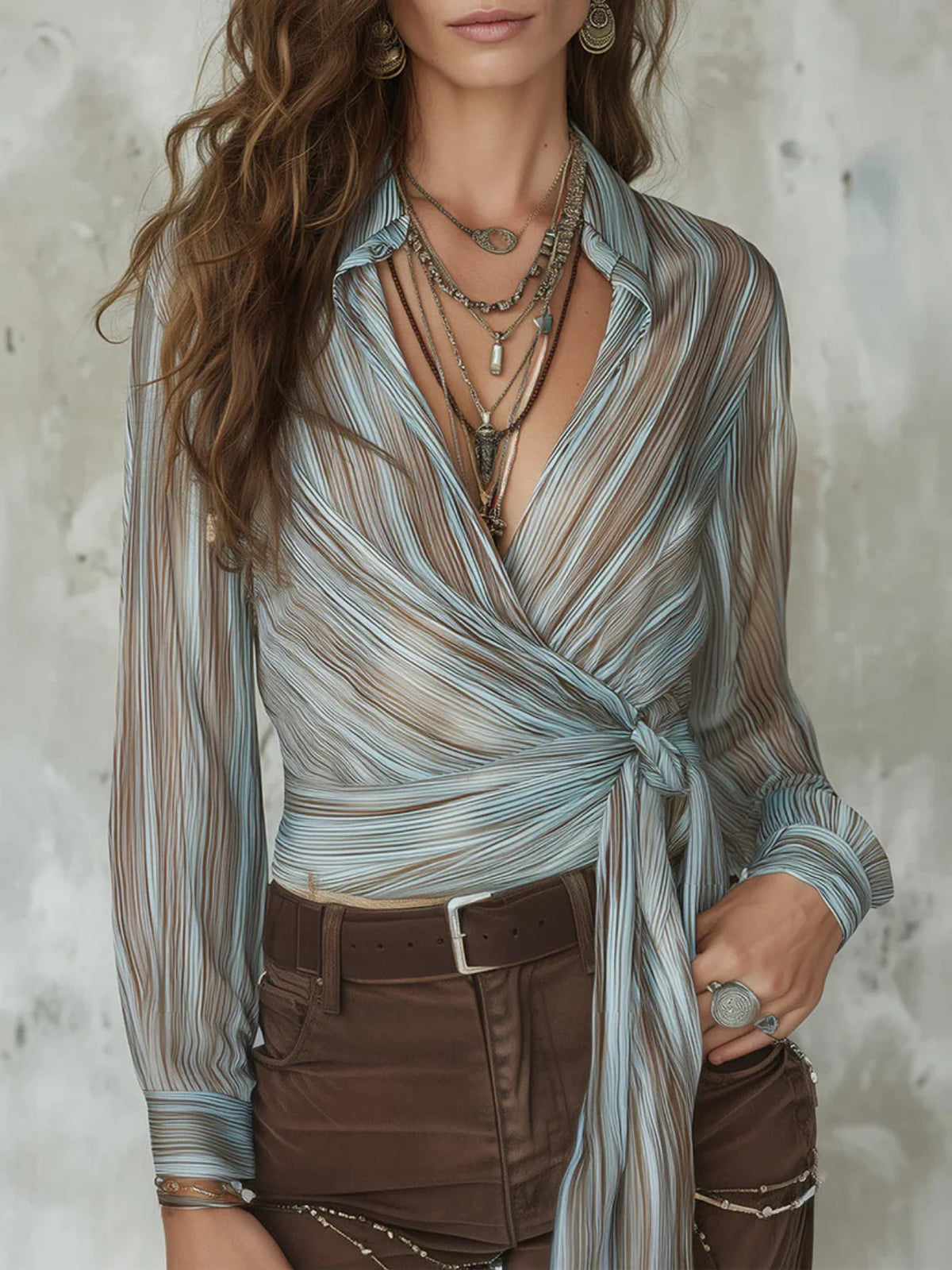 Women's Lapel Collar Long Sleeve Wrap Blouse Striped Print Self Tie Waist Detail V Neck Slim Fit Casual Ladies Shirt