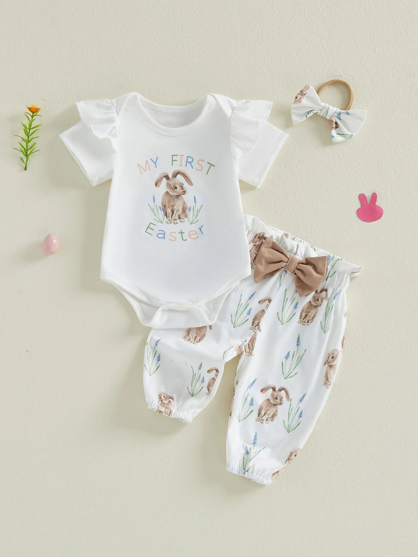 Bunny Three Piece Romper Pants Headband Set For Baby Girls
