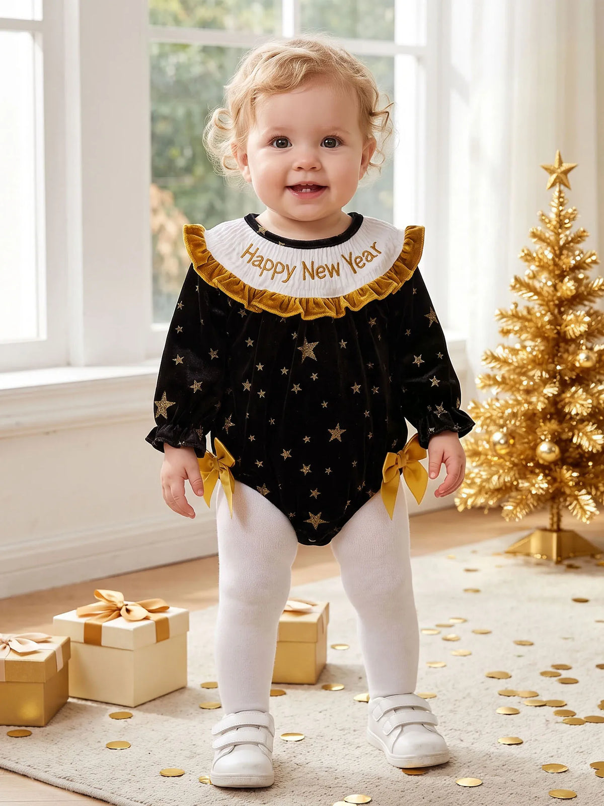 New Year Letter Embroidery Long Sleeve Romper Girl Toddler