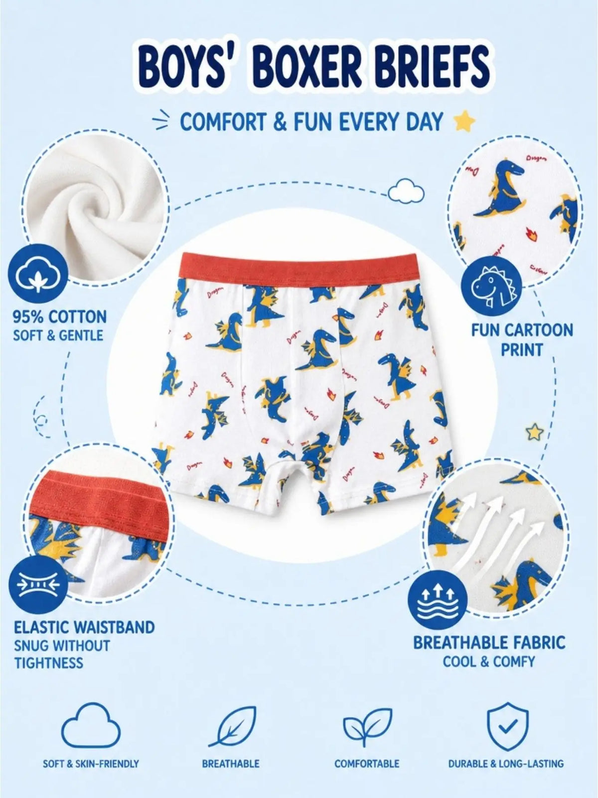 24 Pack Boys Cotton Underwears Kids Soft Boxer Briefs With Non-Roll Waistband