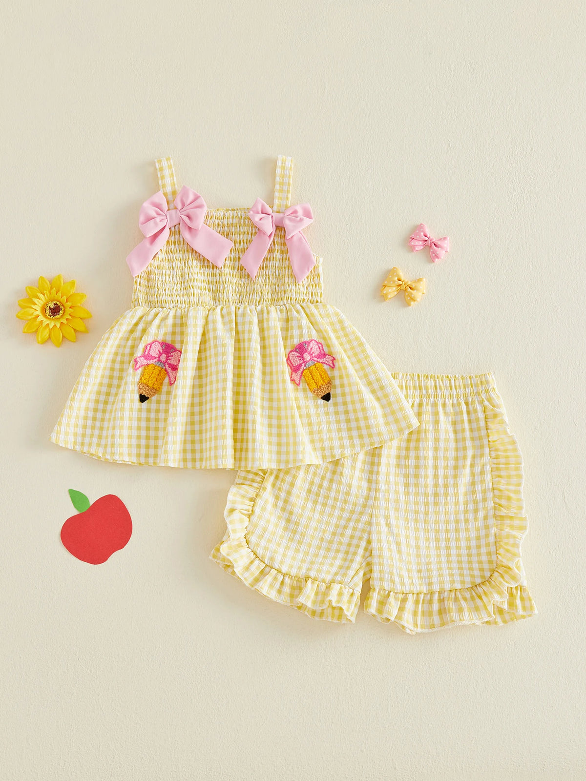 Cute Girl s Back to School Outfit Casual Bow Pencil Pattern Plaid Sleeveless Top with Ruffled Trim Shorts - 2 Piece Set
